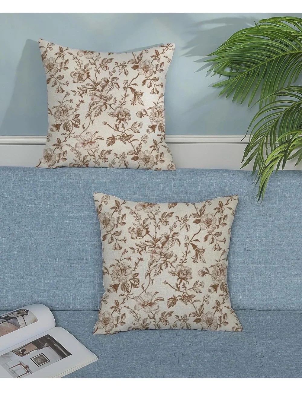 Floral Toile Decorative Throw Pillow Pair in Brown on Cream NWT